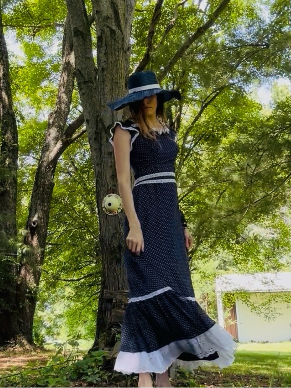 Vintage 60s/70s Navy Blue Swiss Dot and Lace Prairie Dress